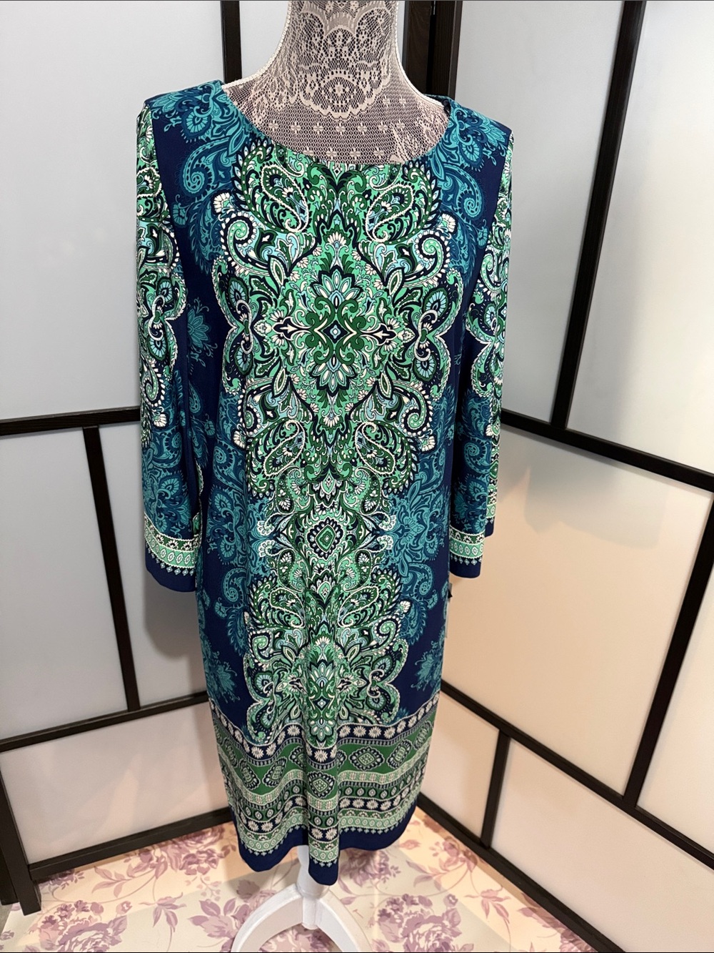 Studio One Navy and Teal Paisley Long-Sleeve Shift Dress